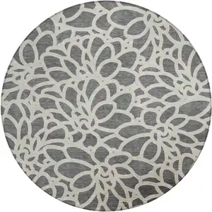 Photo of 8' Gray And Ivory Round Botanical Leaves Washable Indoor Outdoor Area Rug