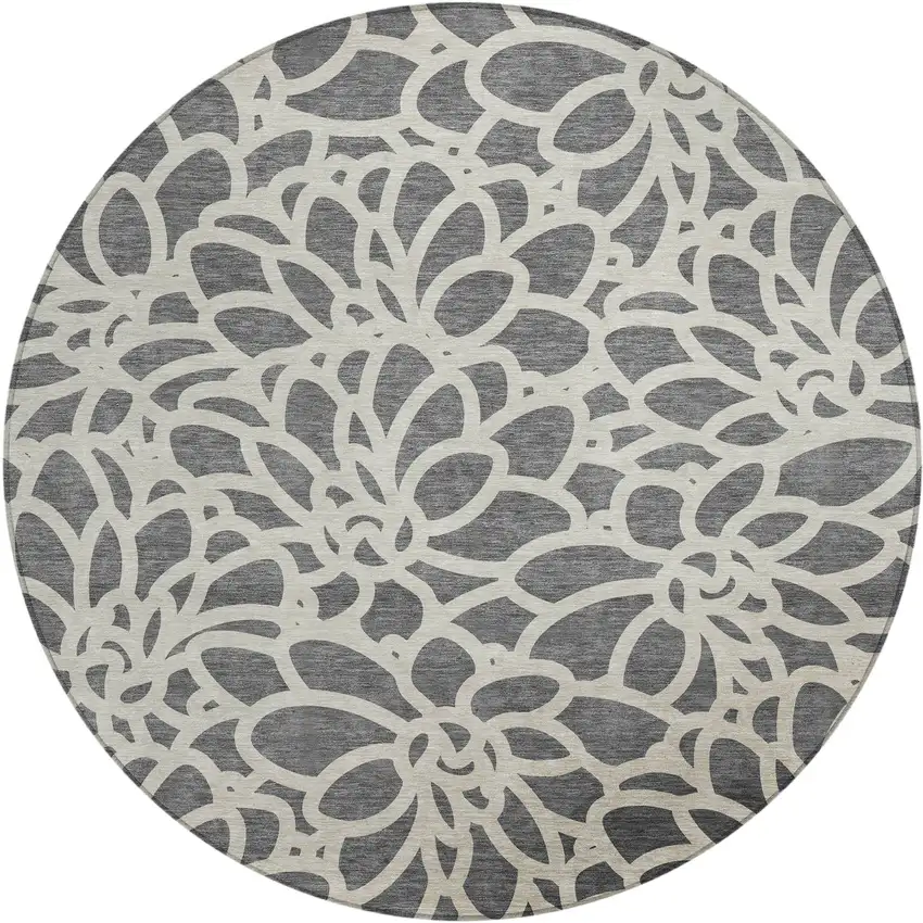 8' Gray And Ivory Round Botanical Leaves Washable Indoor Outdoor Area Rug Photo 1