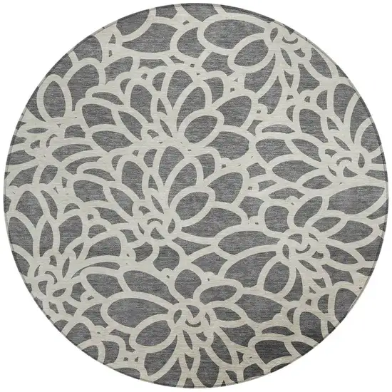 8' Gray And Ivory Round Botanical Leaves Washable Indoor Outdoor Area Rug Photo 2