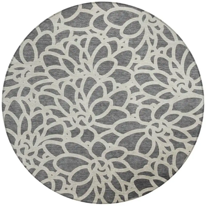 8' Gray And Ivory Round Botanical Leaves Washable Indoor Outdoor Area Rug Photo 2