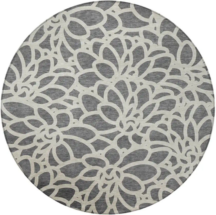 8' Gray And Ivory Round Botanical Leaves Washable Indoor Outdoor Area Rug Photo 3