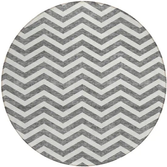 8' Gray And Ivory Round Chevron Washable Indoor Outdoor Area Rug Photo 2