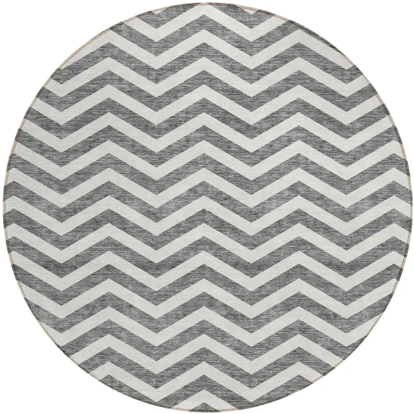 8' Gray And Ivory Round Chevron Washable Indoor Outdoor Area Rug Photo 2