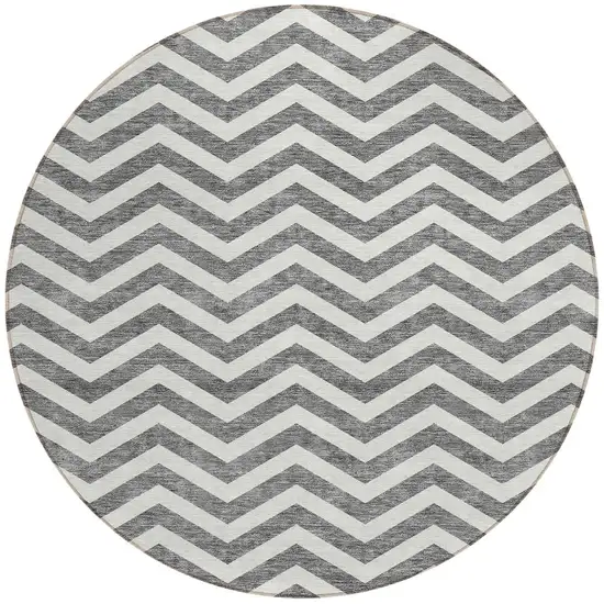 8' Gray And Ivory Round Chevron Washable Indoor Outdoor Area Rug Photo 6
