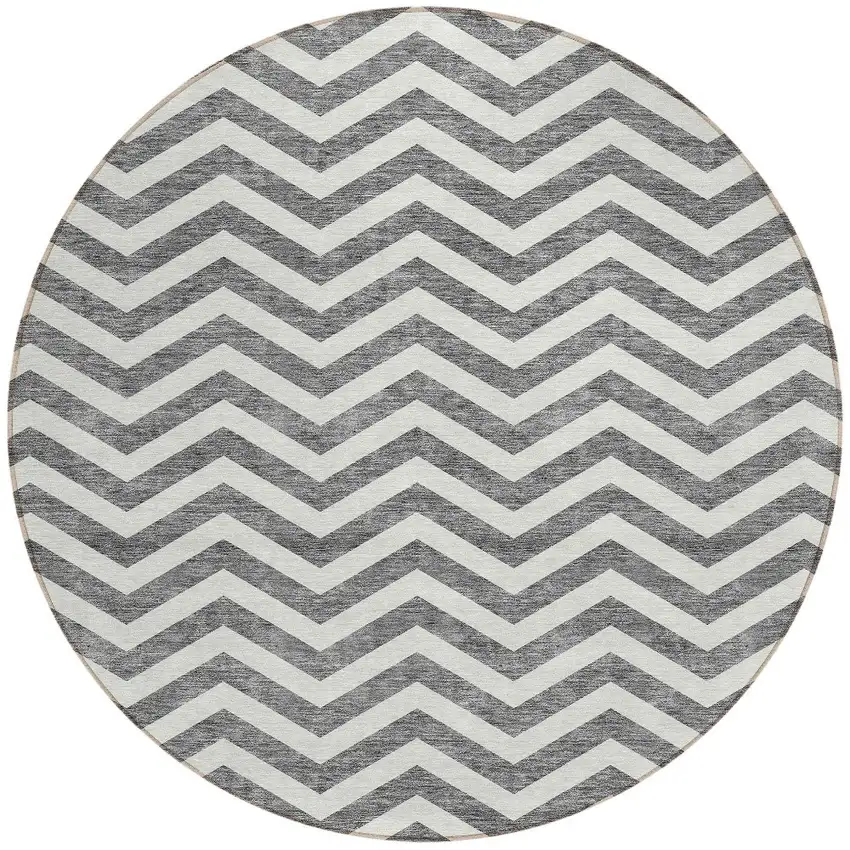 8' Gray And Ivory Round Chevron Washable Indoor Outdoor Area Rug Photo 6