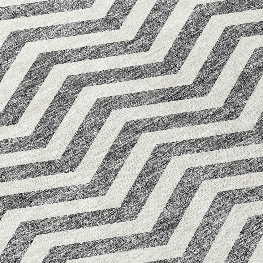 8' Gray And Ivory Round Chevron Washable Indoor Outdoor Area Rug Photo 5