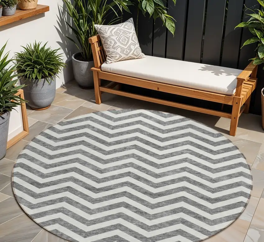 8' Gray And Ivory Round Chevron Washable Indoor Outdoor Area Rug Photo 1
