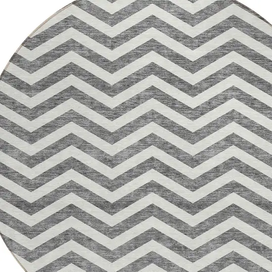 8' Gray And Ivory Round Chevron Washable Indoor Outdoor Area Rug Photo 4
