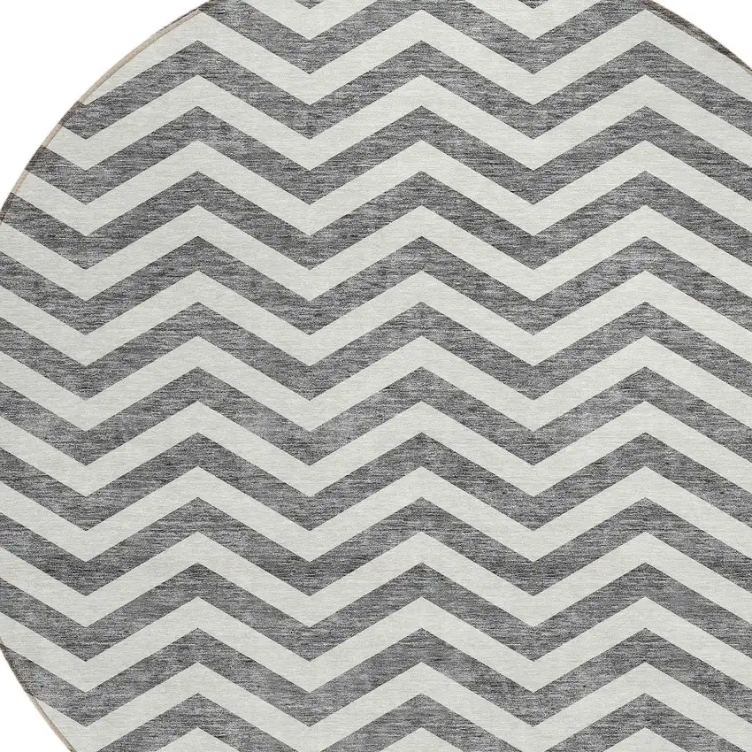 8' Gray And Ivory Round Chevron Washable Indoor Outdoor Area Rug Photo 4