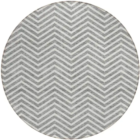 8' Gray And Ivory Round Chevron Washable Indoor Outdoor Area Rug Photo 2