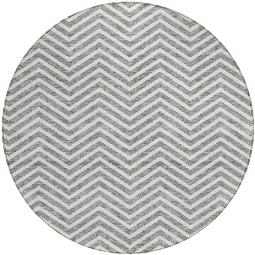 8' Gray And Ivory Round Chevron Washable Indoor Outdoor Area Rug Photo 2