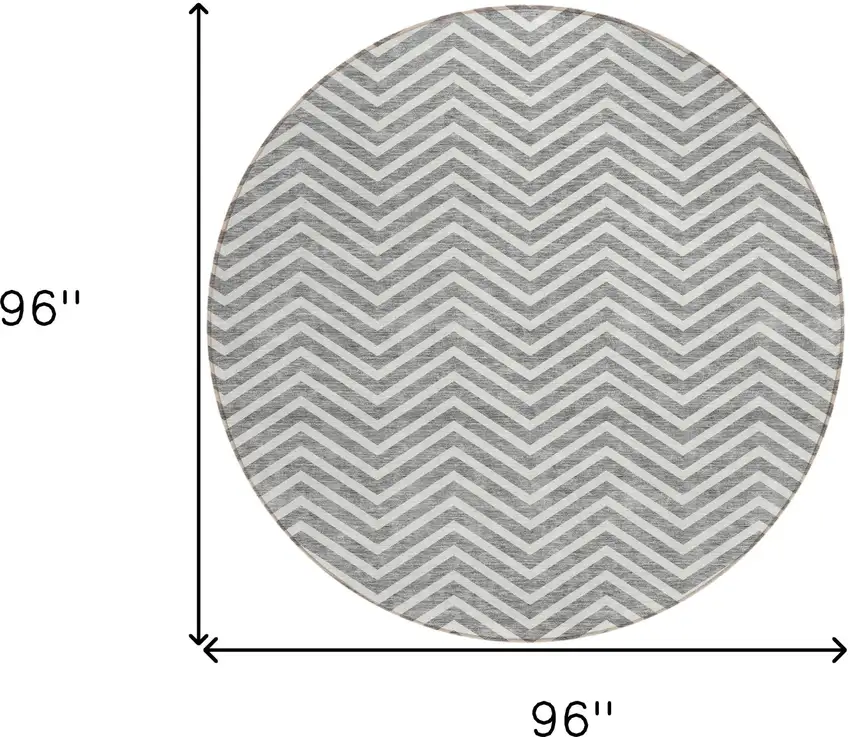 8' Gray And Ivory Round Chevron Washable Indoor Outdoor Area Rug Photo 3