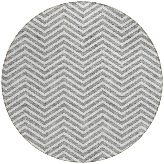 8' Gray And Ivory Round Chevron Washable Indoor Outdoor Area Rug Photo 5