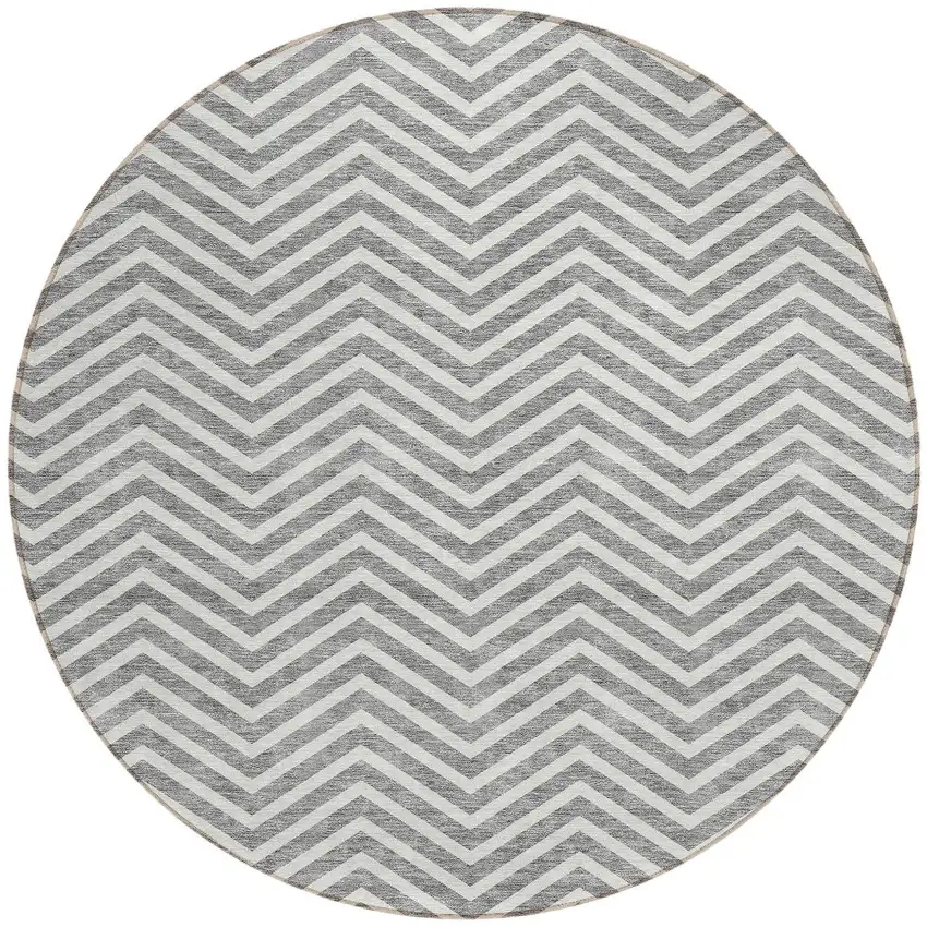 8' Gray And Ivory Round Chevron Washable Indoor Outdoor Area Rug Photo 5