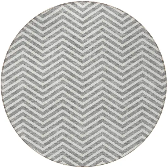 8' Gray And Ivory Round Chevron Washable Indoor Outdoor Area Rug Photo 6