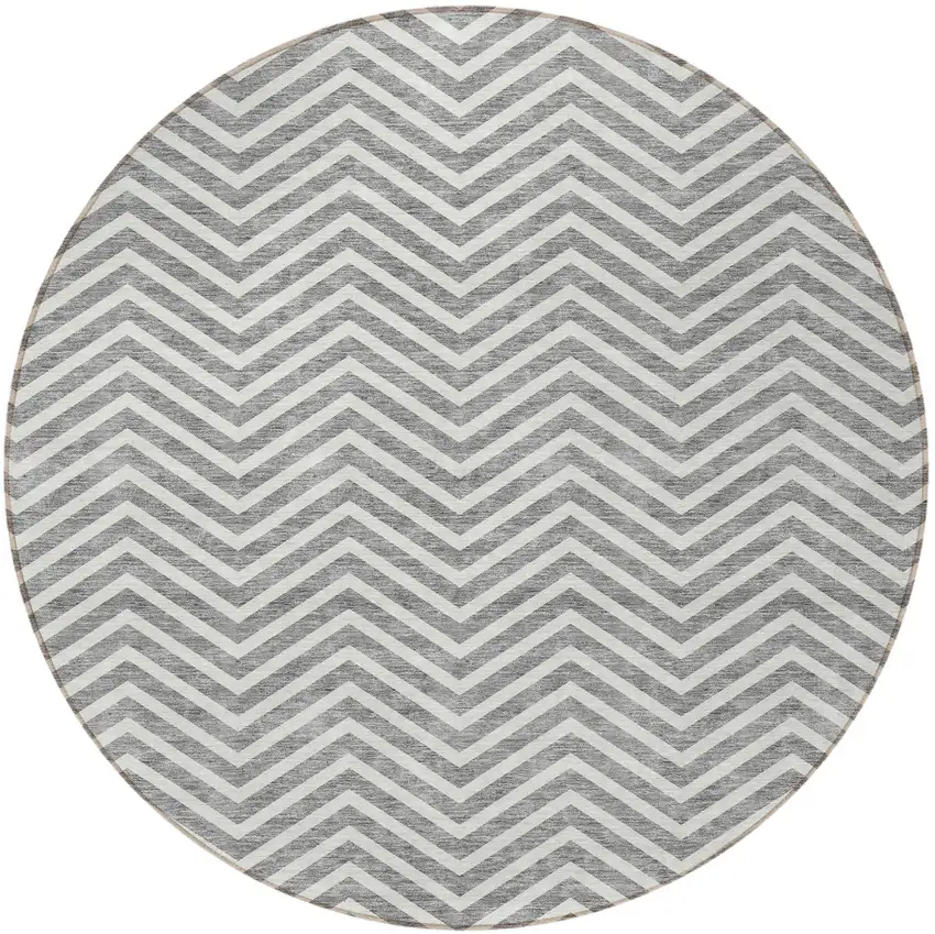 8' Gray And Ivory Round Chevron Washable Indoor Outdoor Area Rug Photo 6