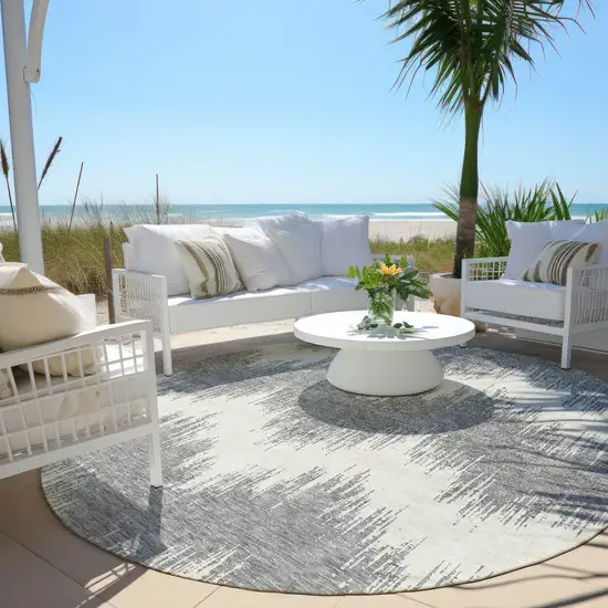 8' Gray And Ivory Round Chevron Washable Indoor Outdoor Area Rug Photo 6