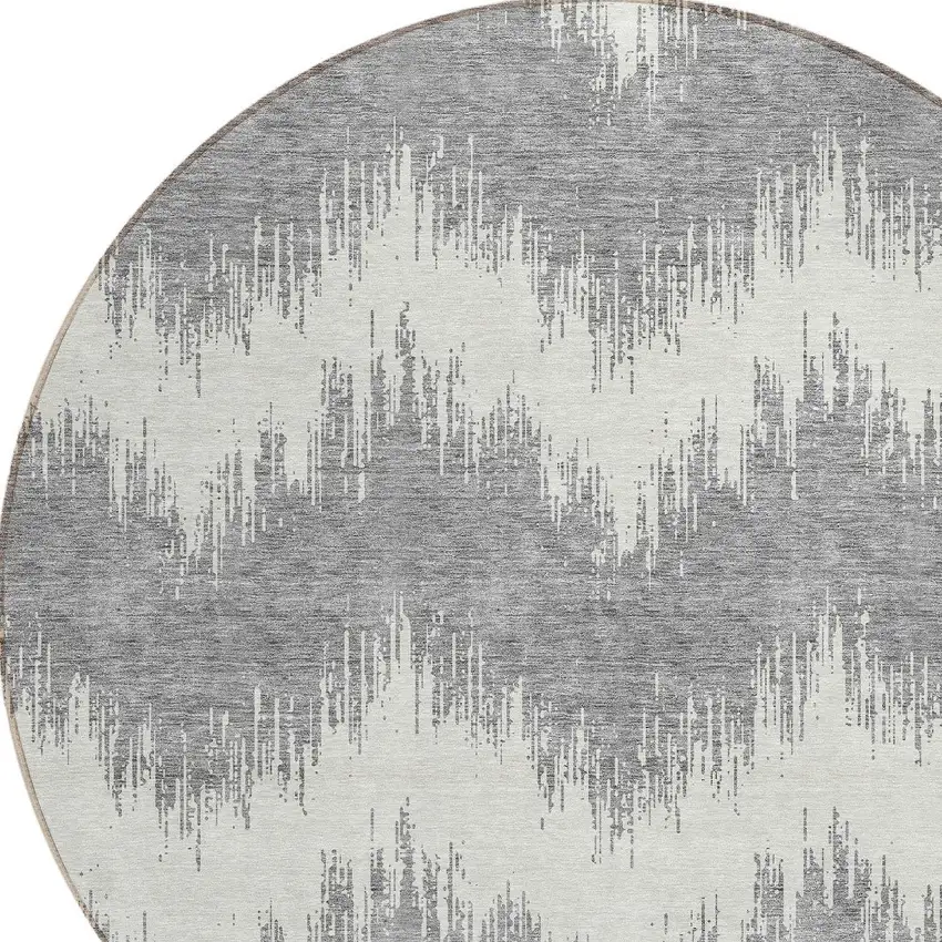 8' Gray And Ivory Round Chevron Washable Indoor Outdoor Area Rug Photo 4