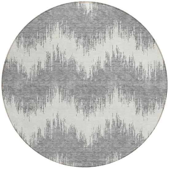 8' Gray And Ivory Round Chevron Washable Indoor Outdoor Area Rug Photo 5