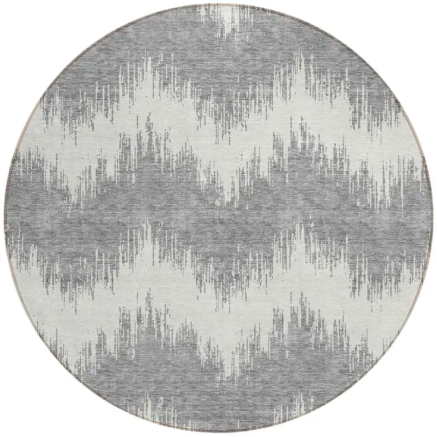 8' Gray And Ivory Round Chevron Washable Indoor Outdoor Area Rug Photo 5