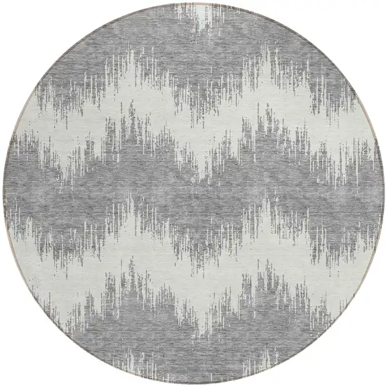 8' Gray And Ivory Round Chevron Washable Indoor Outdoor Area Rug Photo 2