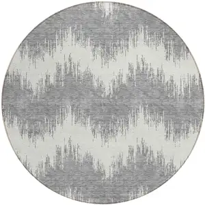 Photo of 8' Gray And Ivory Round Chevron Washable Indoor Outdoor Area Rug