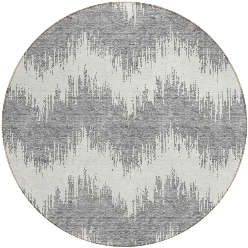 8' Gray And Ivory Round Chevron Washable Indoor Outdoor Area Rug Photo 2