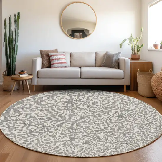 8' Gray And Ivory Round Damask Washable Indoor Outdoor Area Rug Photo 8