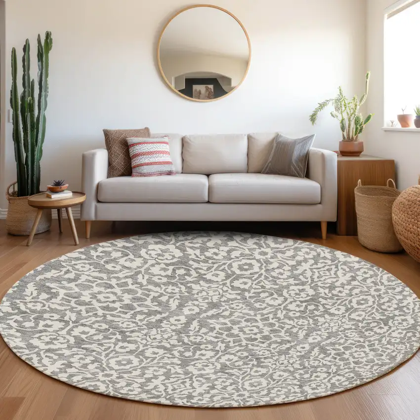 8' Gray And Ivory Round Damask Washable Indoor Outdoor Area Rug Photo 8