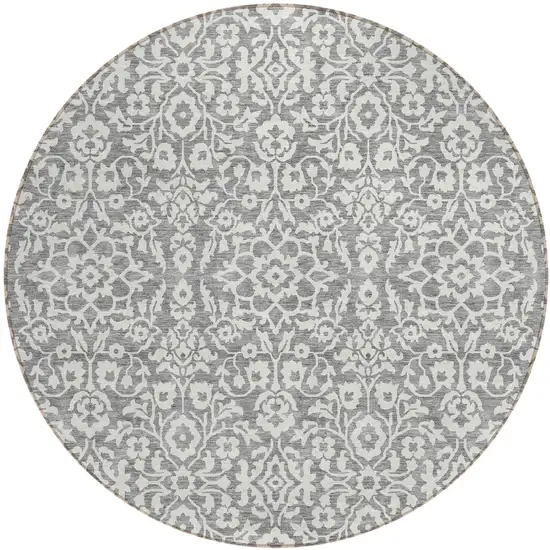 8' Gray And Ivory Round Damask Washable Indoor Outdoor Area Rug Photo 2