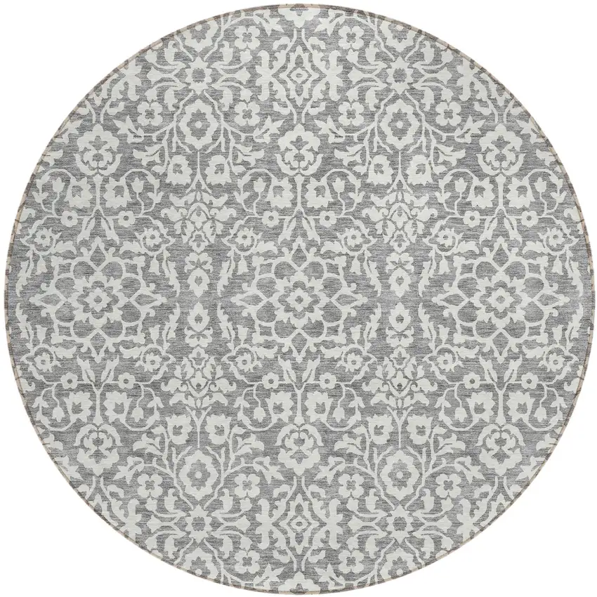 8' Gray And Ivory Round Damask Washable Indoor Outdoor Area Rug Photo 2