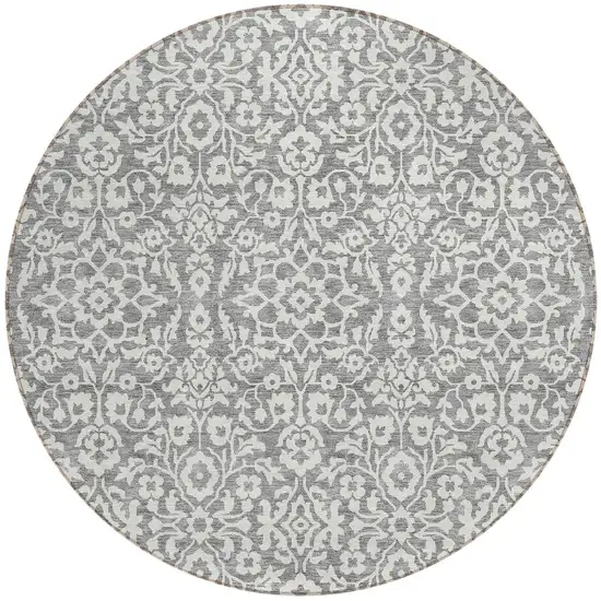 8' Gray And Ivory Round Damask Washable Indoor Outdoor Area Rug Photo 6
