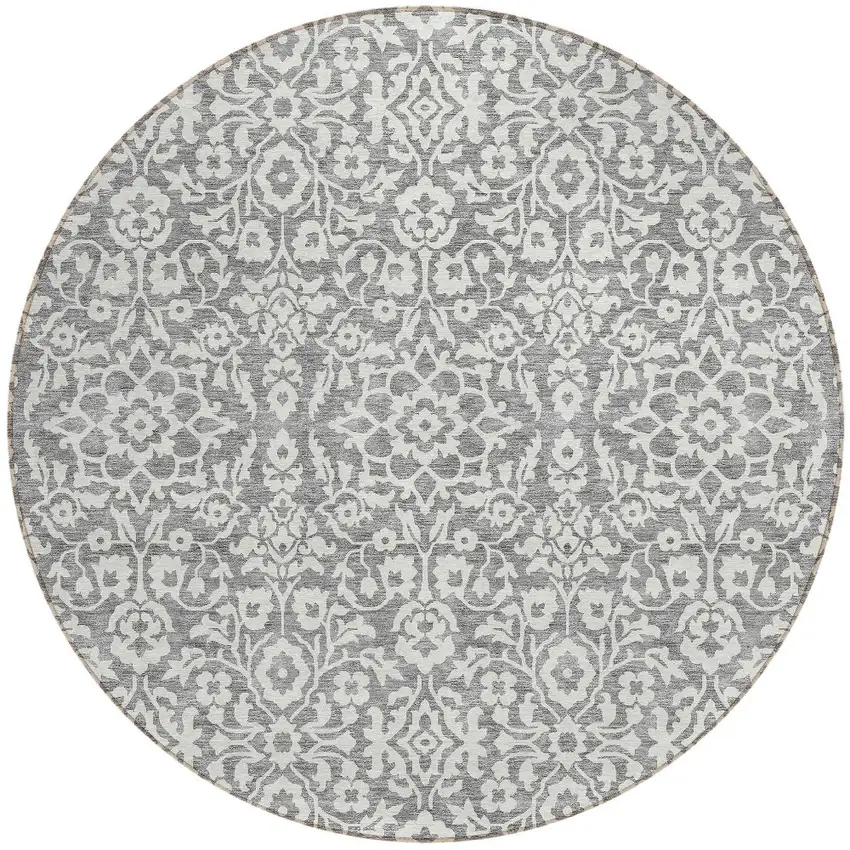 8' Gray And Ivory Round Damask Washable Indoor Outdoor Area Rug Photo 6