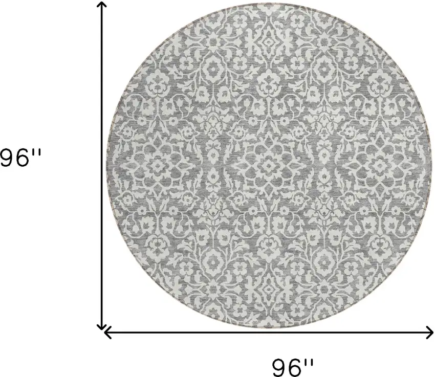 8' Gray And Ivory Round Damask Washable Indoor Outdoor Area Rug Photo 3