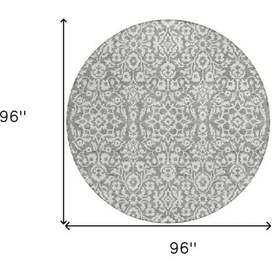 8' Gray And Ivory Round Damask Washable Indoor Outdoor Area Rug Photo 3