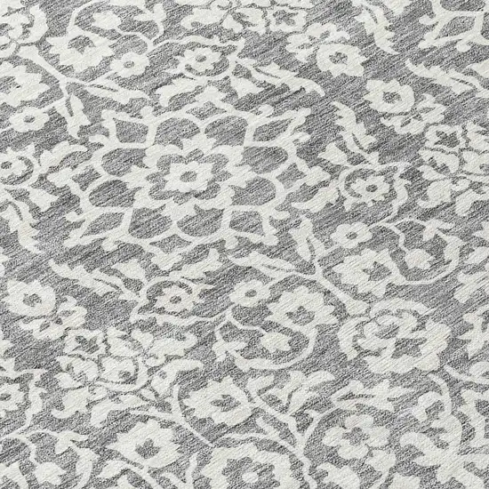 8' Gray And Ivory Round Damask Washable Indoor Outdoor Area Rug Photo 9