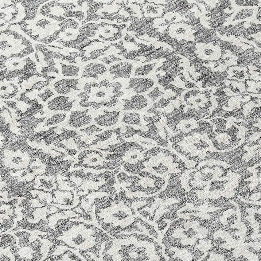 8' Gray And Ivory Round Damask Washable Indoor Outdoor Area Rug Photo 9