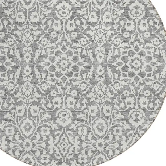 8' Gray And Ivory Round Damask Washable Indoor Outdoor Area Rug Photo 5