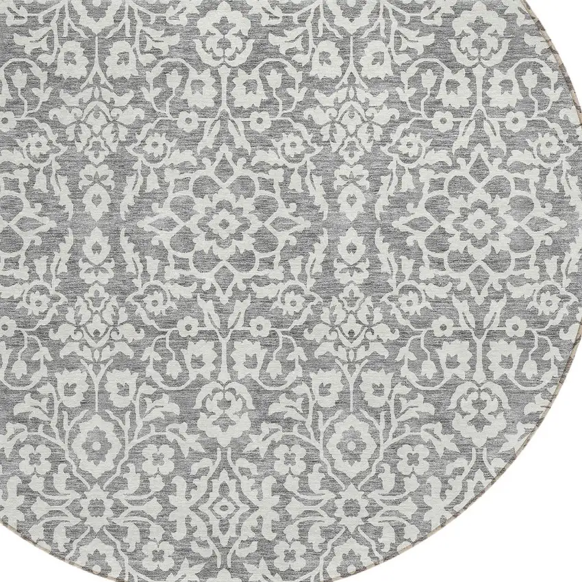 8' Gray And Ivory Round Damask Washable Indoor Outdoor Area Rug Photo 5
