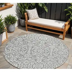 Photo of 8' Gray And Ivory Round Damask Washable Indoor Outdoor Area Rug