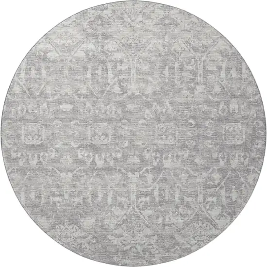 8' Gray And Ivory Round Damask Washable Indoor Outdoor Area Rug Photo 4