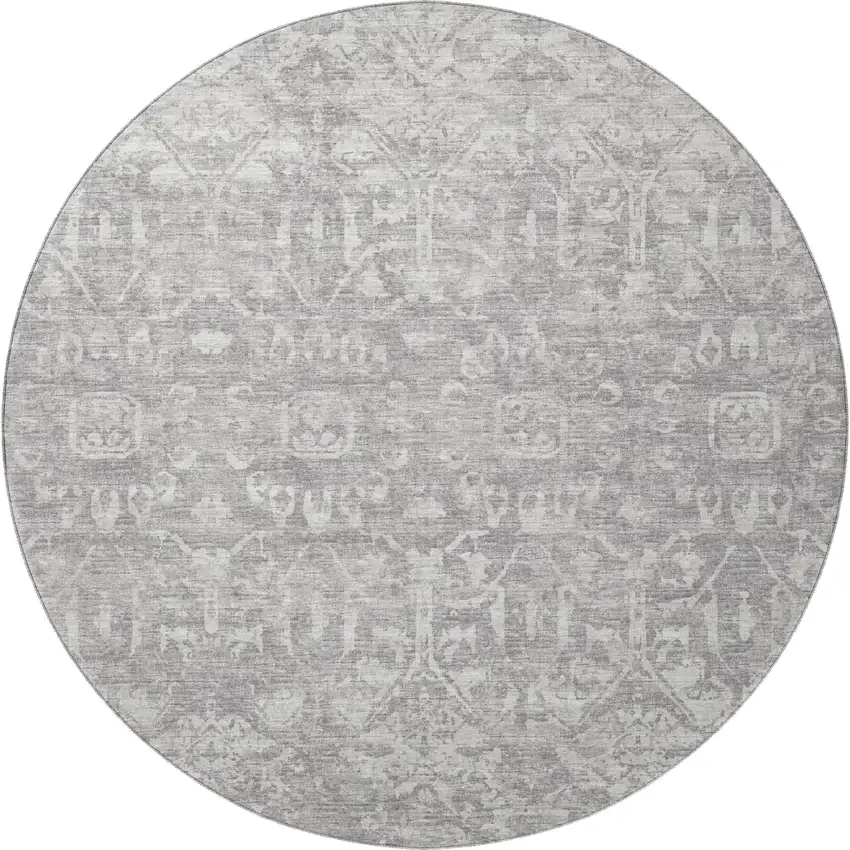 8' Gray And Ivory Round Damask Washable Indoor Outdoor Area Rug Photo 4