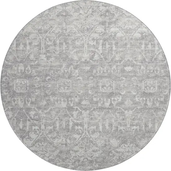 8' Gray And Ivory Round Damask Washable Indoor Outdoor Area Rug Photo 2