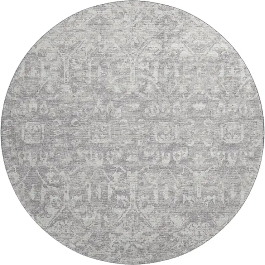 8' Gray And Ivory Round Damask Washable Indoor Outdoor Area Rug Photo 2