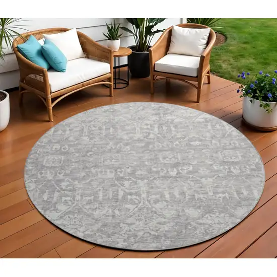 8' Gray And Ivory Round Damask Washable Indoor Outdoor Area Rug Photo 1