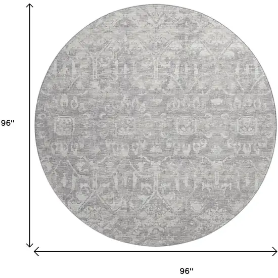 8' Gray And Ivory Round Damask Washable Indoor Outdoor Area Rug Photo 3