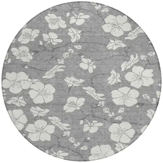 8' Gray And Ivory Round Floral Washable Indoor Outdoor Area Rug Photo 4