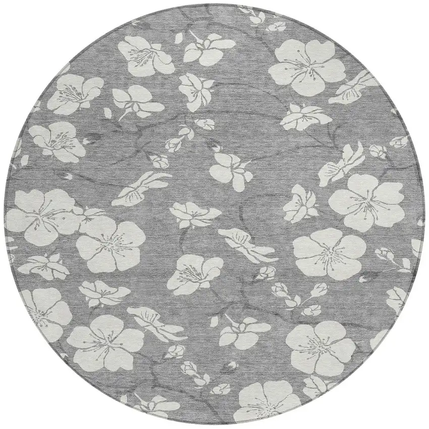 8' Gray And Ivory Round Floral Washable Indoor Outdoor Area Rug Photo 4