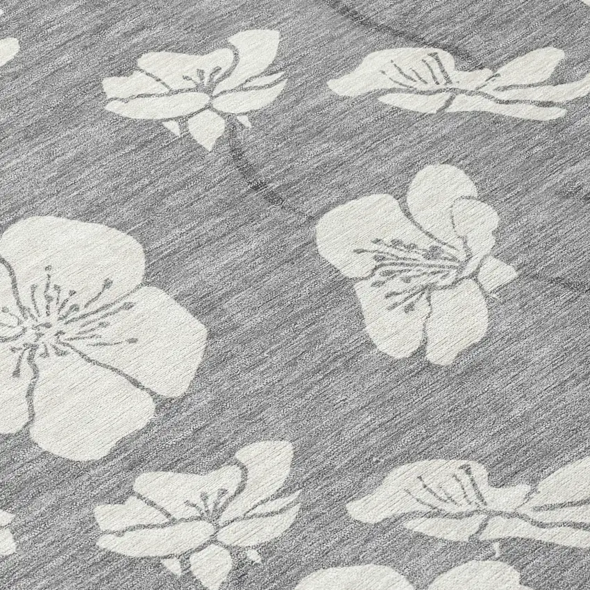 8' Gray And Ivory Round Floral Washable Indoor Outdoor Area Rug Photo 8