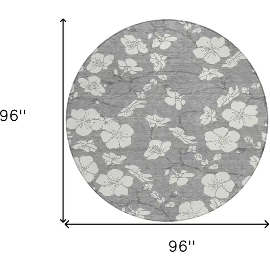 8' Gray And Ivory Round Floral Washable Indoor Outdoor Area Rug Photo 3
